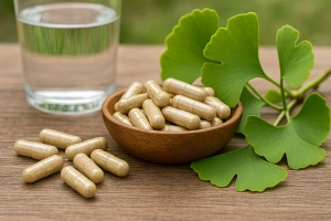 hojas de árbol ginkgo biloba y cápsulas de suplemento