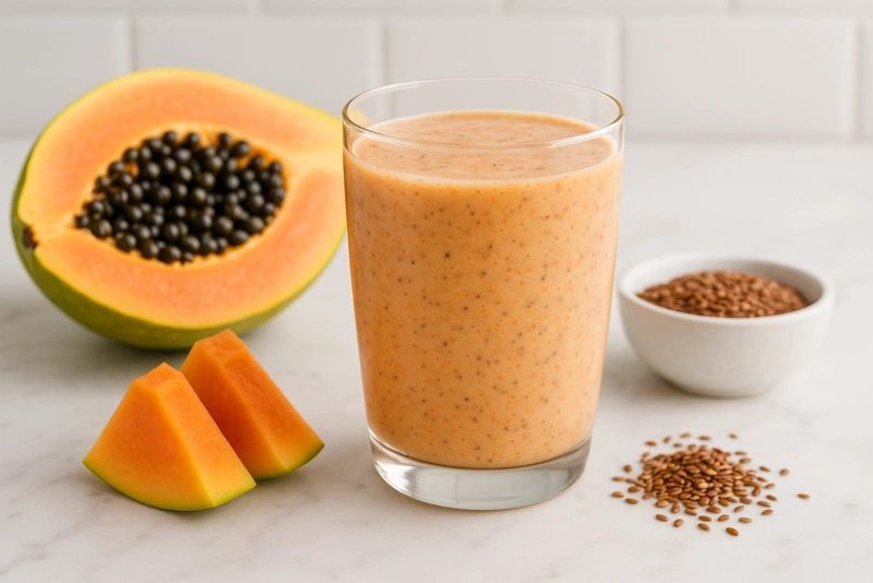 vaso de batido de papaya y linaza ideal para mejorar la digestión