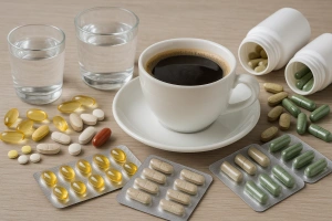 taza de café y blisters de vitaminas, minerales y otros suplementos