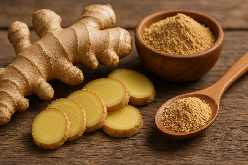 Beneficios del Jengibre: Mejora Tu Salud con Este Poderoso Aliado Natural Raíz de jengibre fresca sobre fondo de madera clara