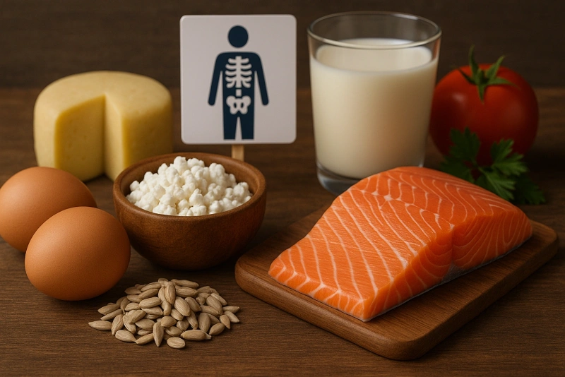 Ilustración de alimentos con fósforo apoyando huesos y energía corporal