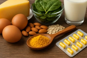 Frutas y verduras ricas en vitamina B2 sobre una mesa