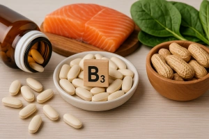 Alimentos y suplementos de vitamina B3 sobre una mesa