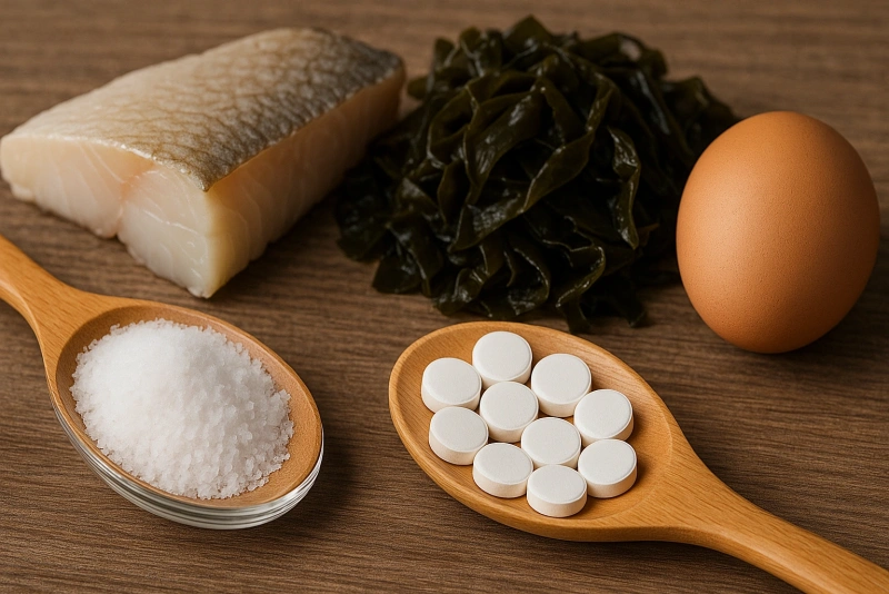 Frasco de yodo y alimentos ricos en yodo sobre una mesa