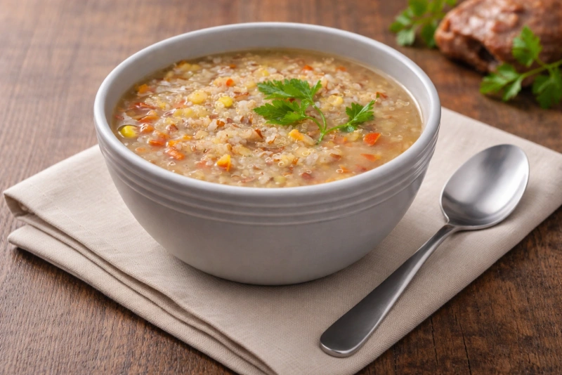 Deliciosa sopa de quinoa con verduras coloridas y frescas