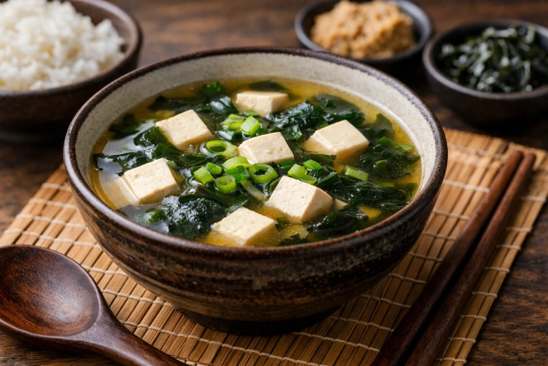 Sopa miso japonesa con tofu algas y cebollín fresco