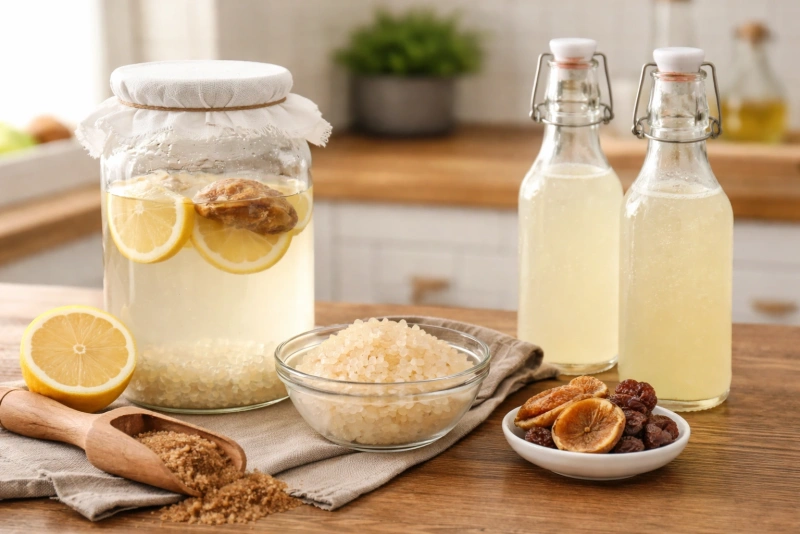 Botellas con kéfir de agua casero listo para beber
