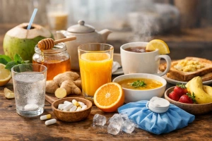 Mesa con diferentes alimentos que ayuda a recuperarse de la resaca