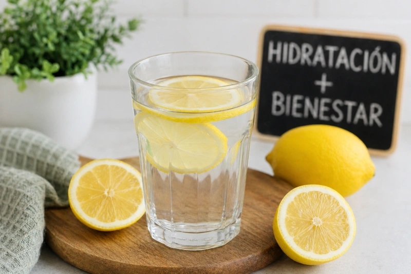 Vaso de agua con limón sobre una mesa en la mañana