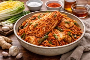 Kimchi coreano tradicional con repollo napa en fermentación