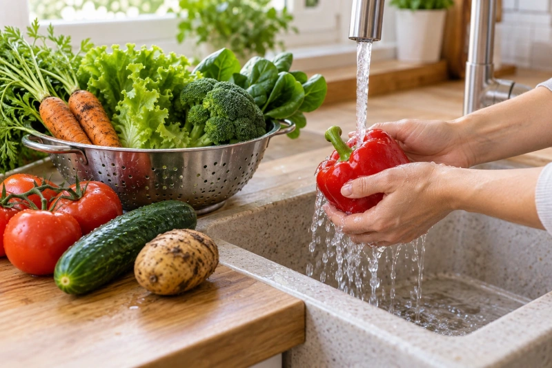 Verduras frescas bajo agua eliminando pesticidas y suciedad