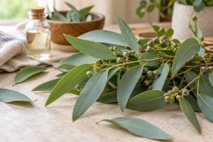 Hojas y aceite de eucalipto sobre mesa rústica